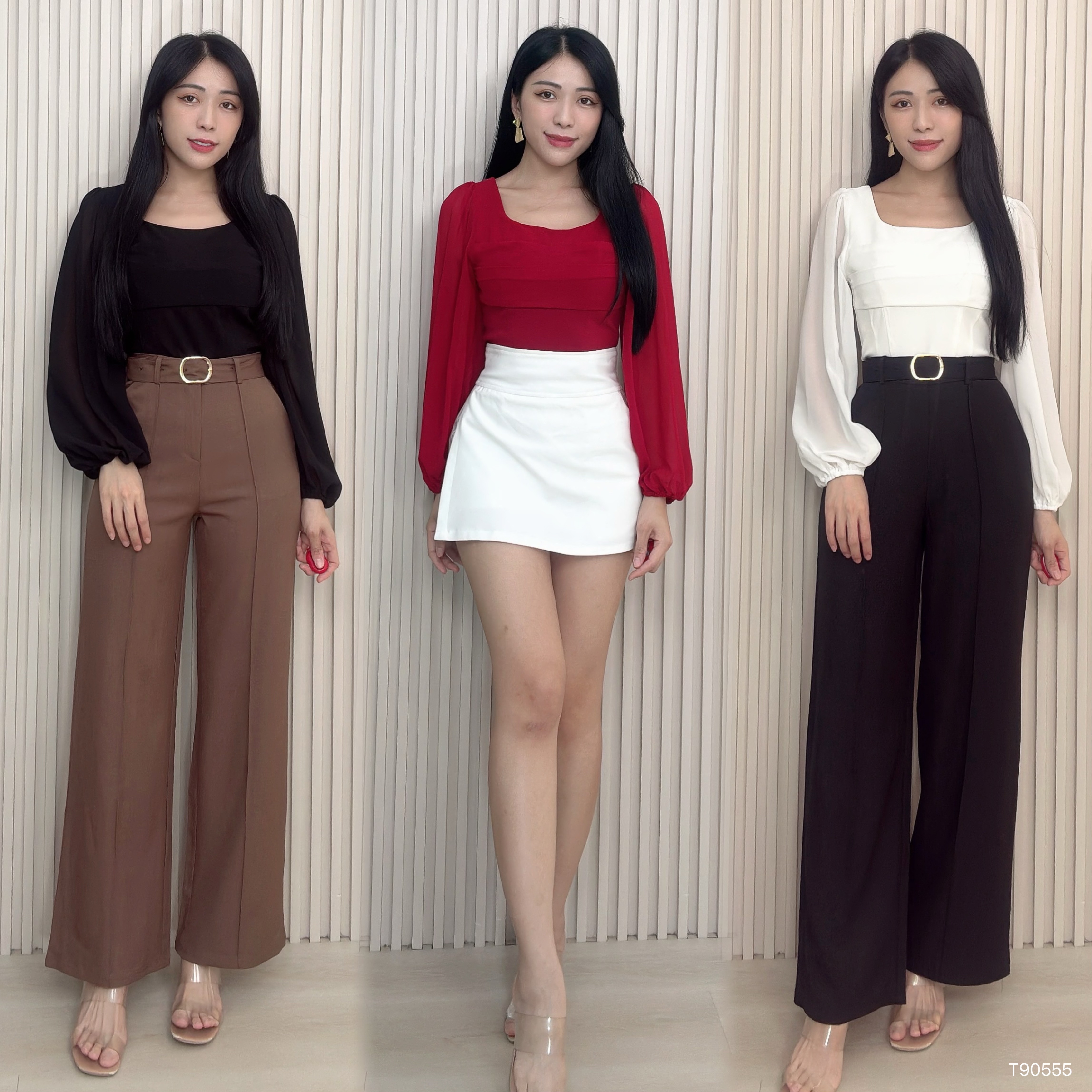 法式甜美方领短版长袖上衣 (T90555)