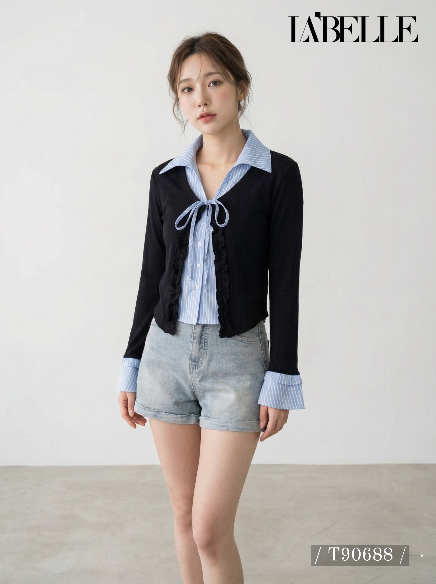 学院风假两件条纹撞色设计喇叭袖上衣 (T90688)