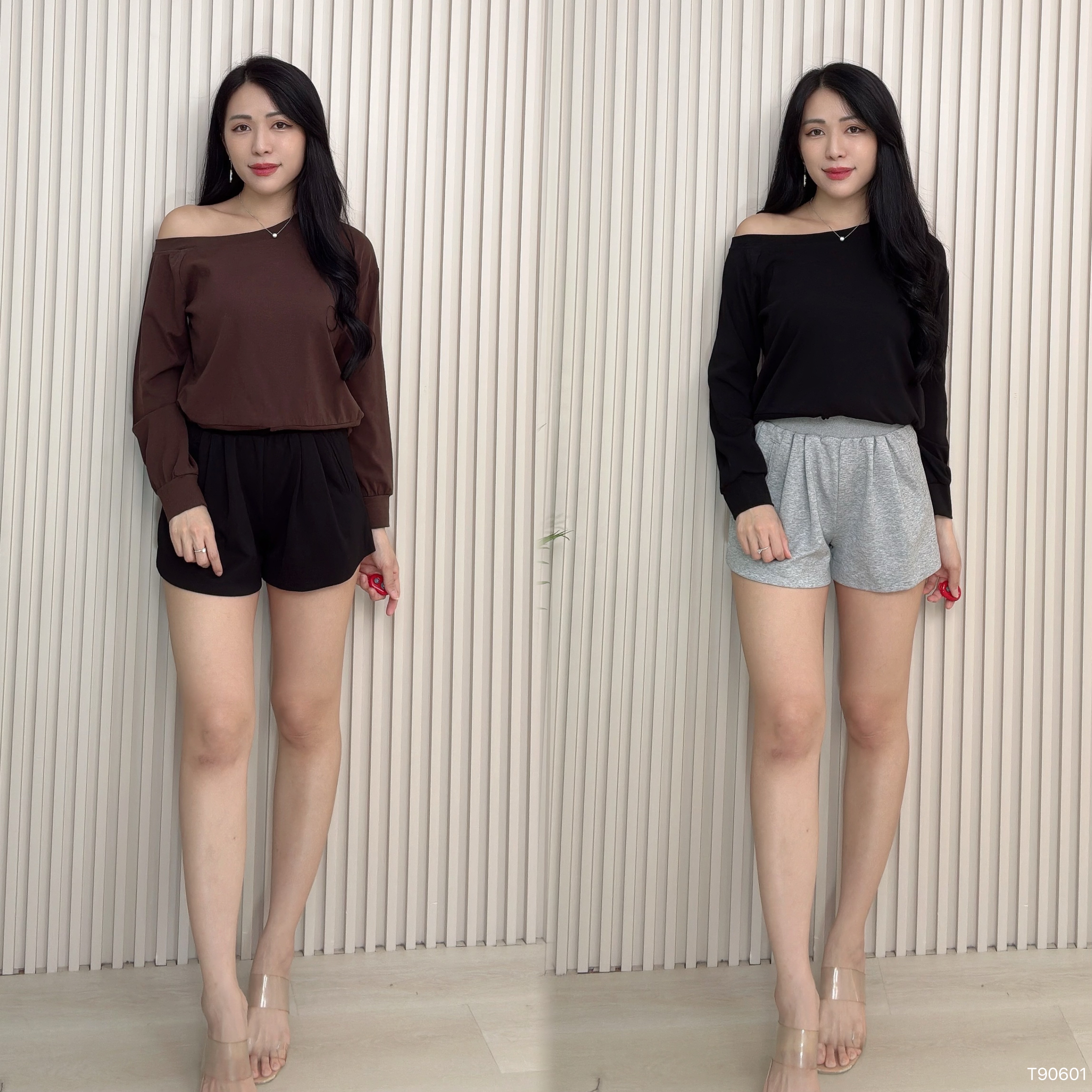 慵懒宽松斜肩设计长袖上衣 (T90601)