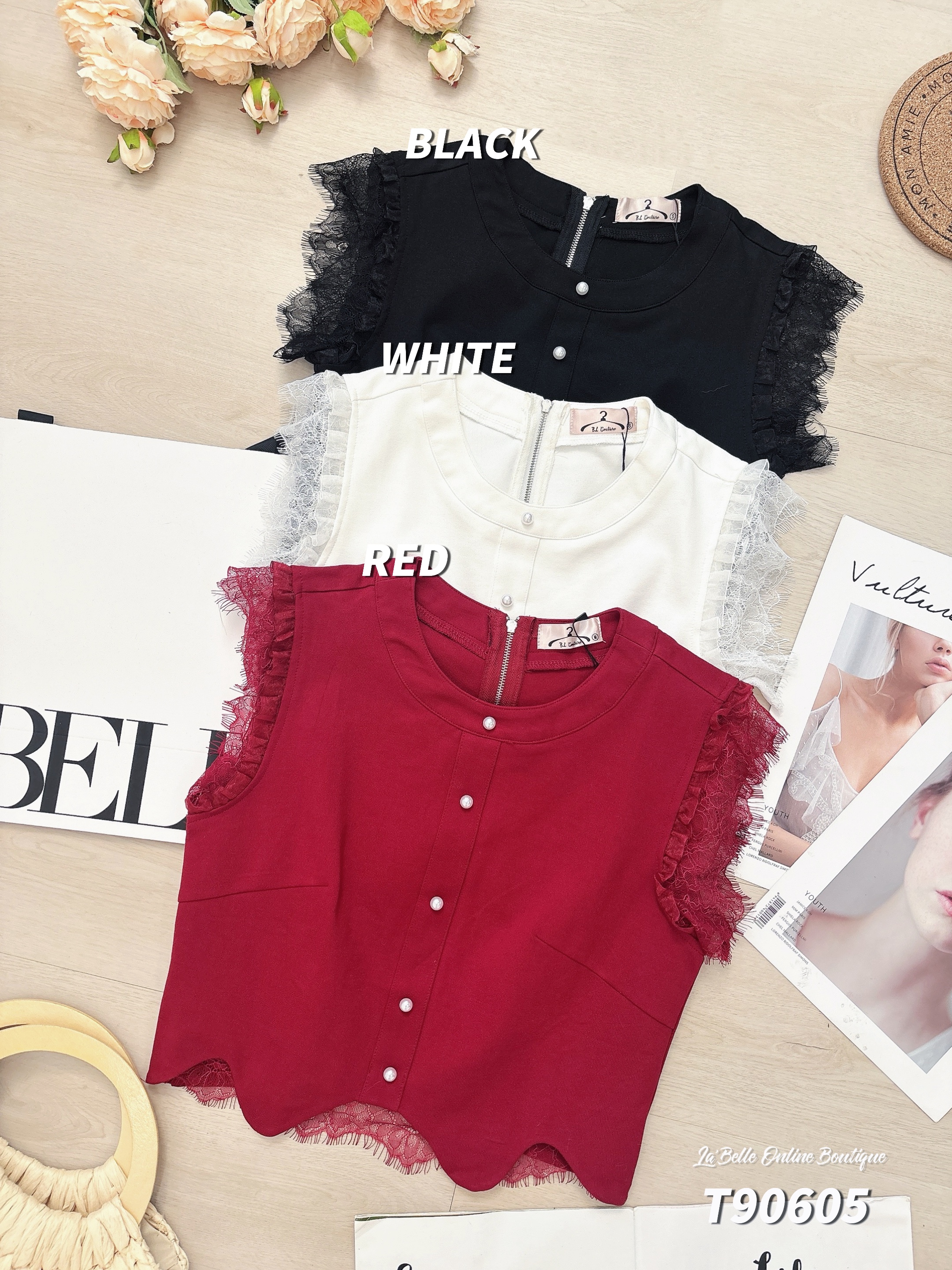 不规则下摆蕾丝拼接设计无袖上衣 (T90605)