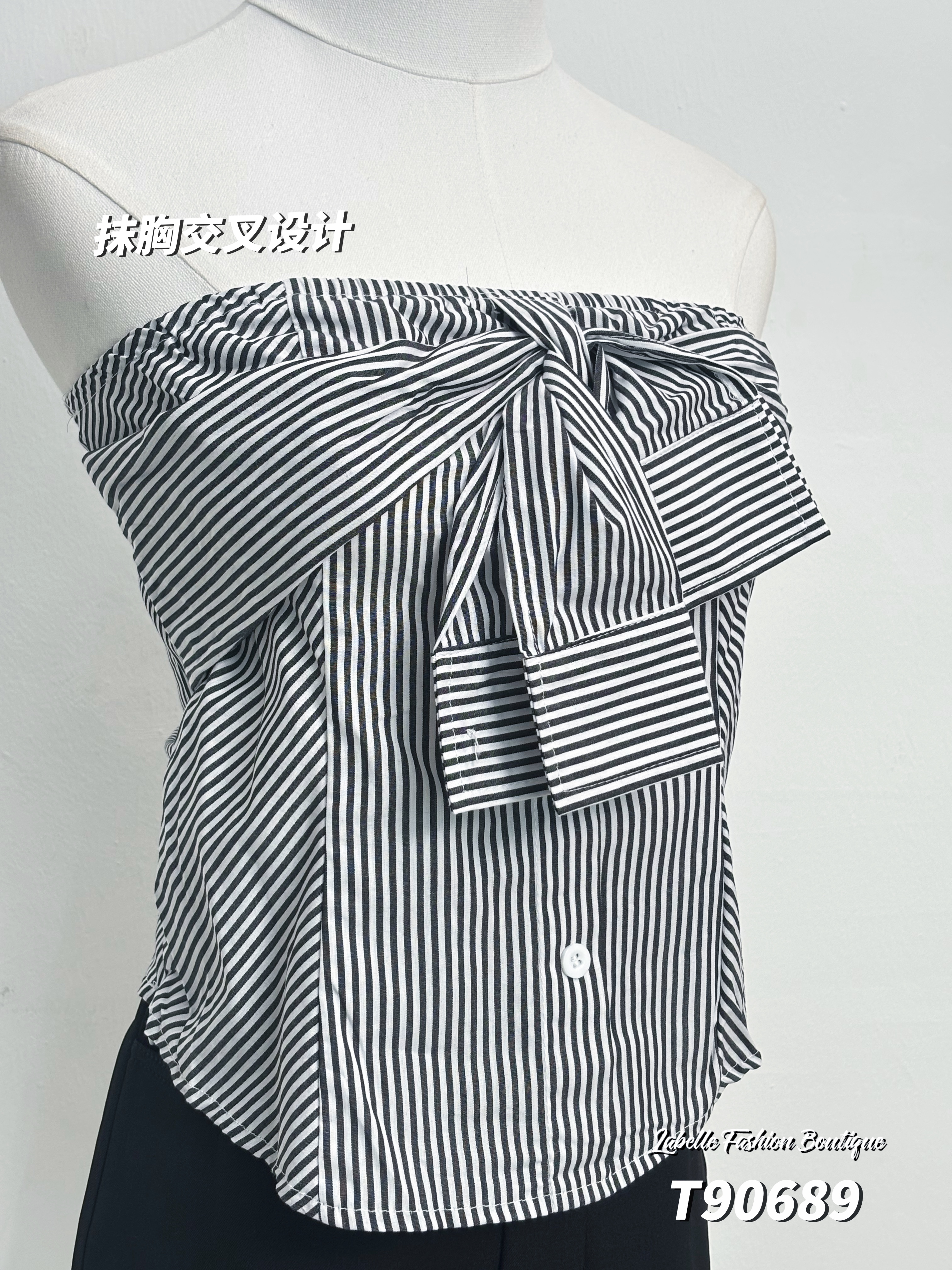 法式条纹交叉设计抹胸上衣 (T90689)