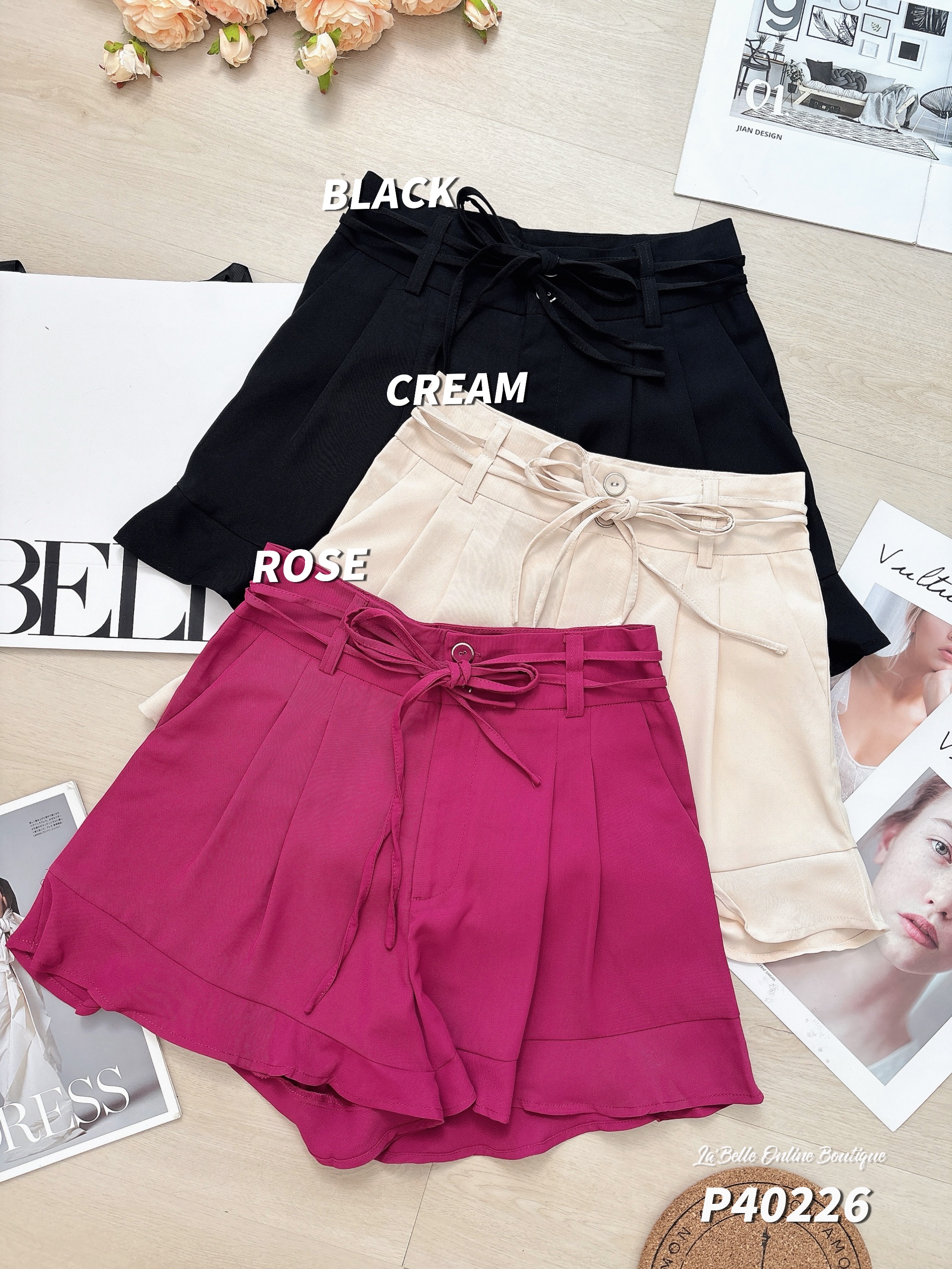 时尚系带设计荷叶边阔腿高腰短裤 (P40226)