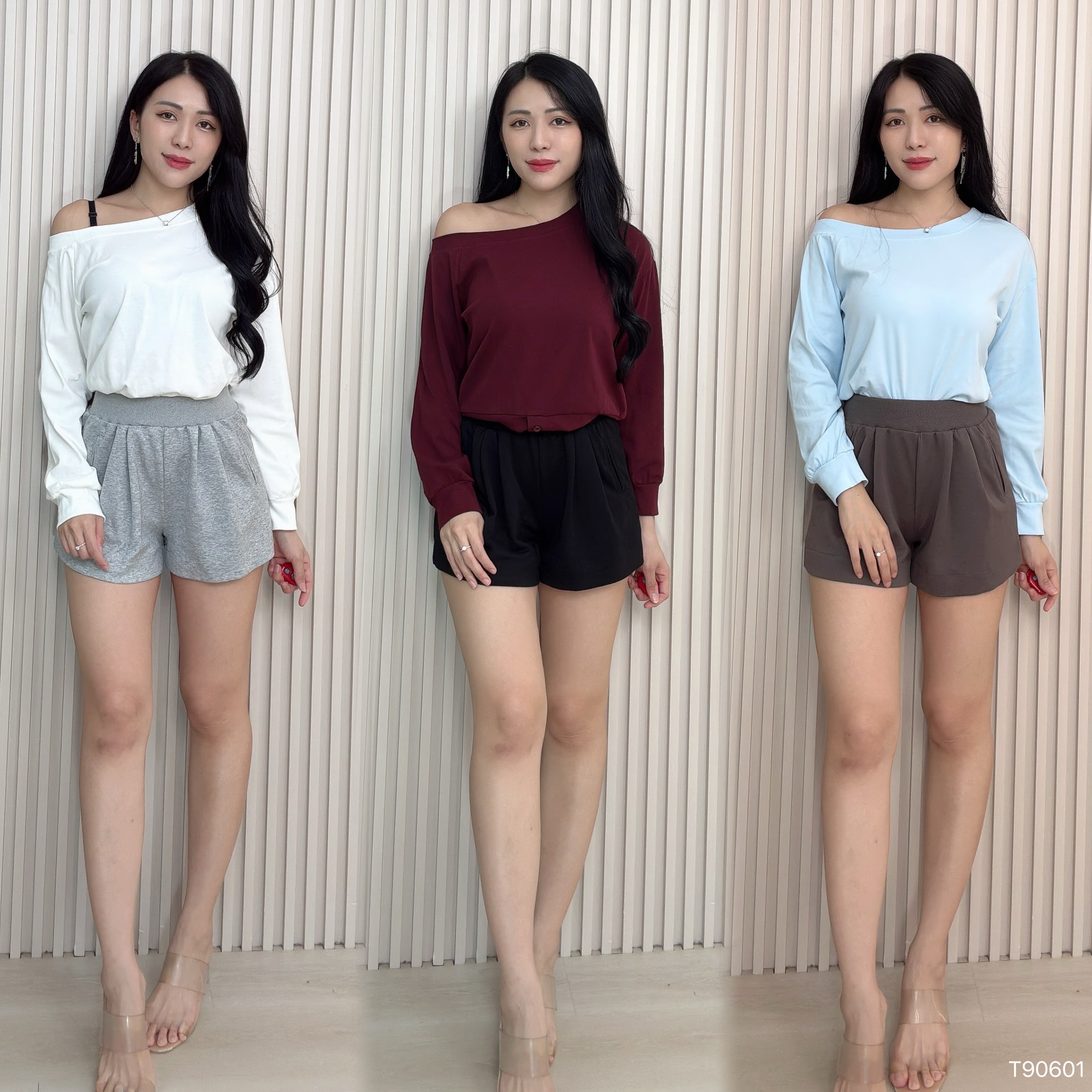 慵懒宽松斜肩设计长袖上衣 (T90601)