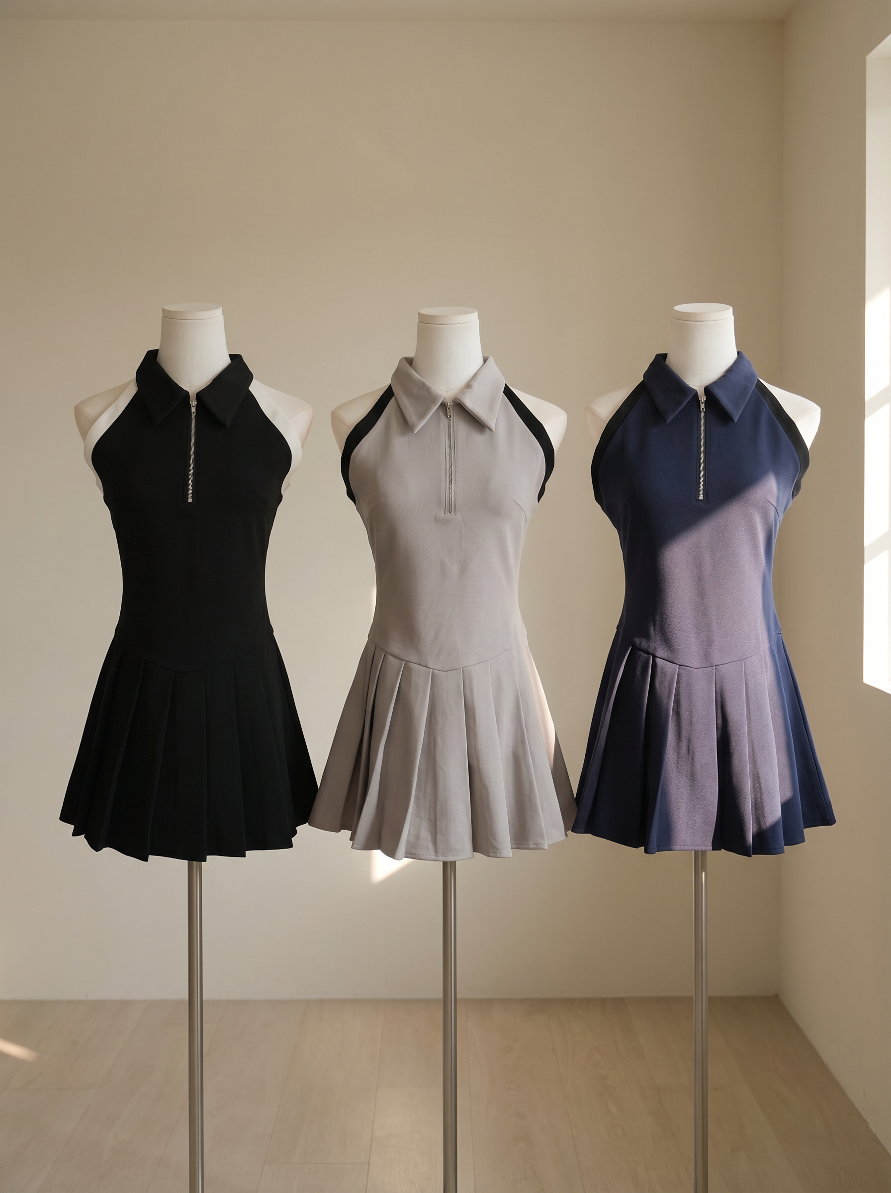 韩系削肩撞色设计百褶连身裙 (ST21629)