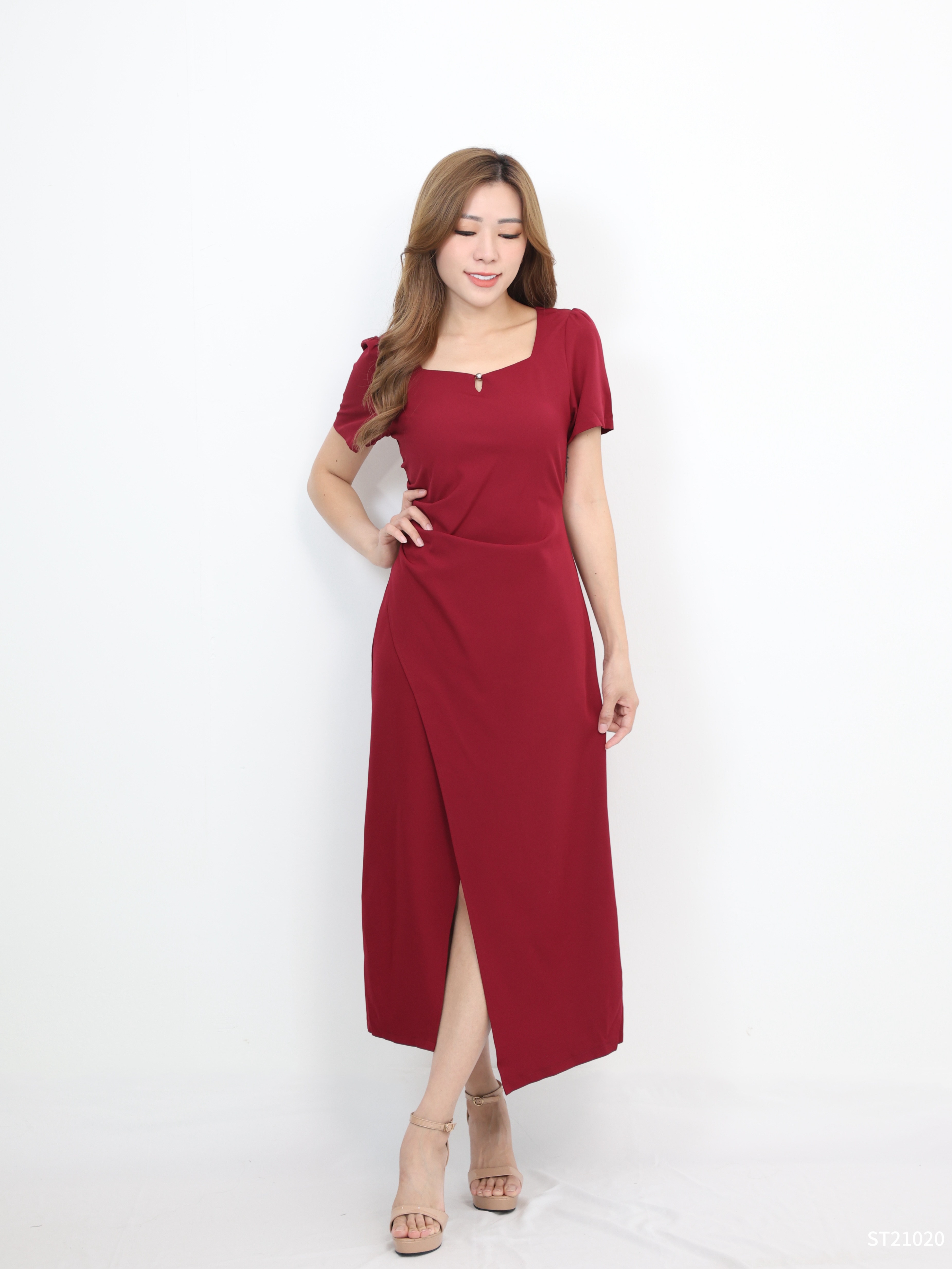 法式方领开叉设计连身裙 (ST21020)  - 特价 【不接受更换】-La'Belle Fashion Boutique Sdn Bhd