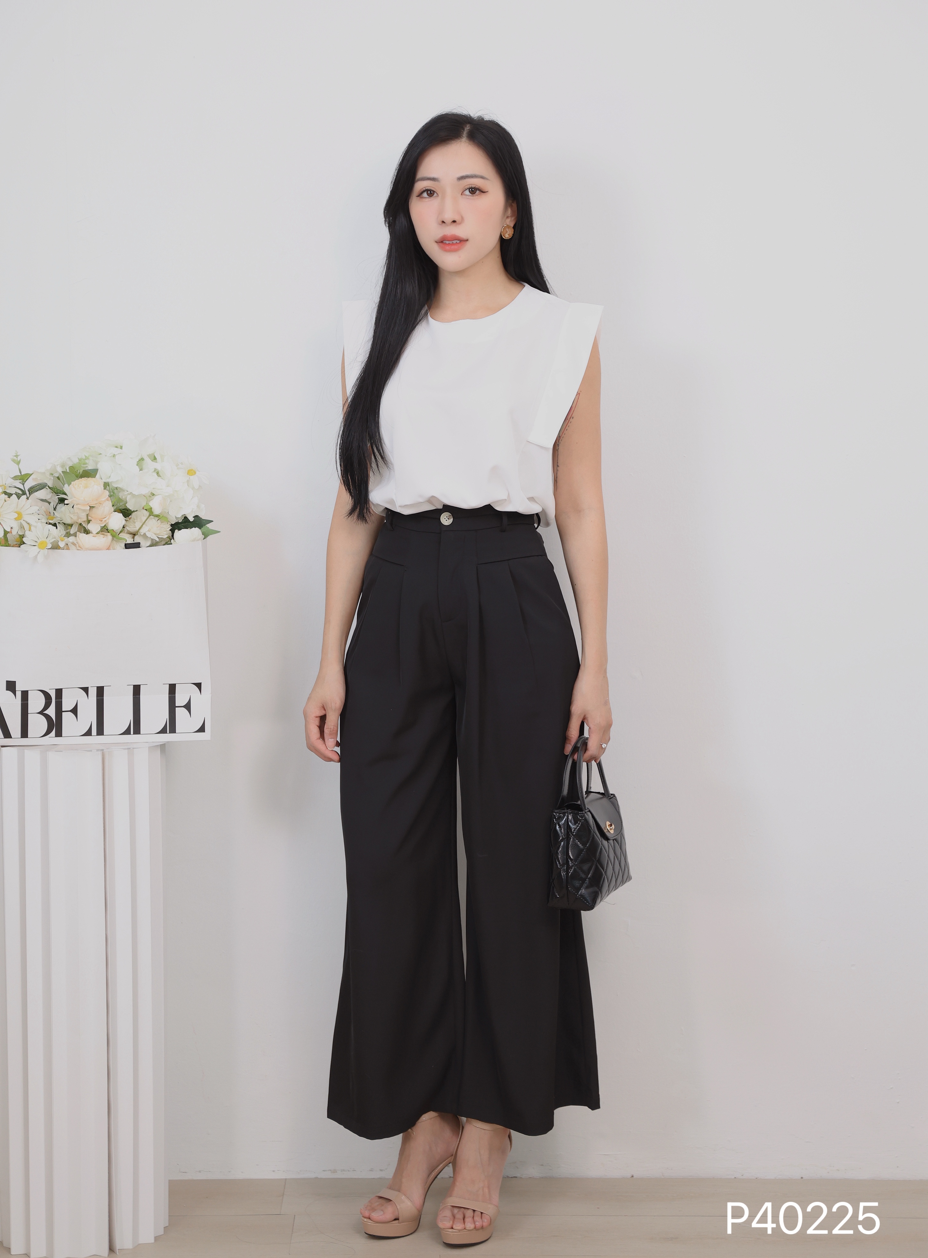 OL风压褶设计阔腿高腰长裤 (P40225)