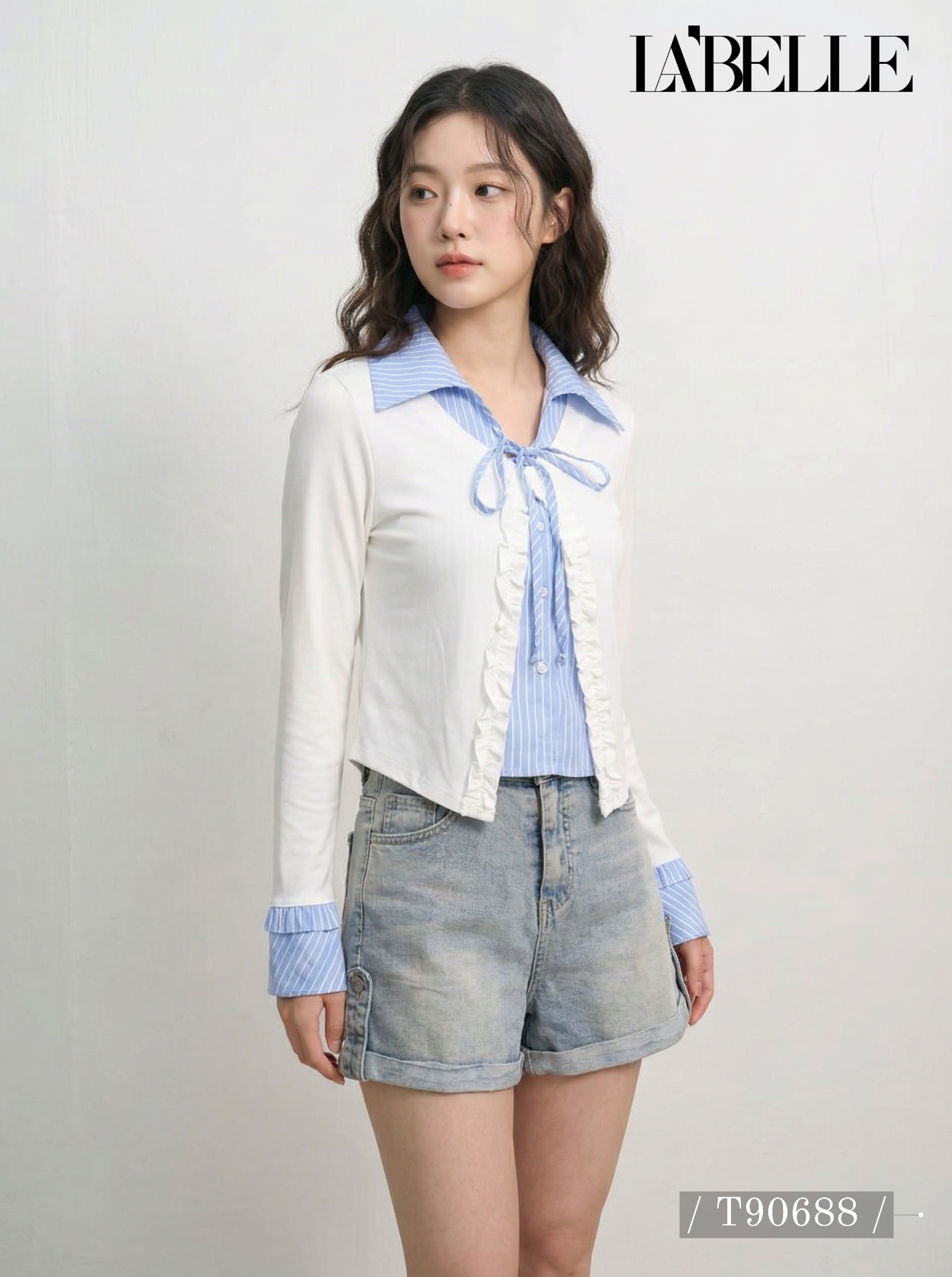 学院风假两件条纹撞色设计喇叭袖上衣 (T90688)