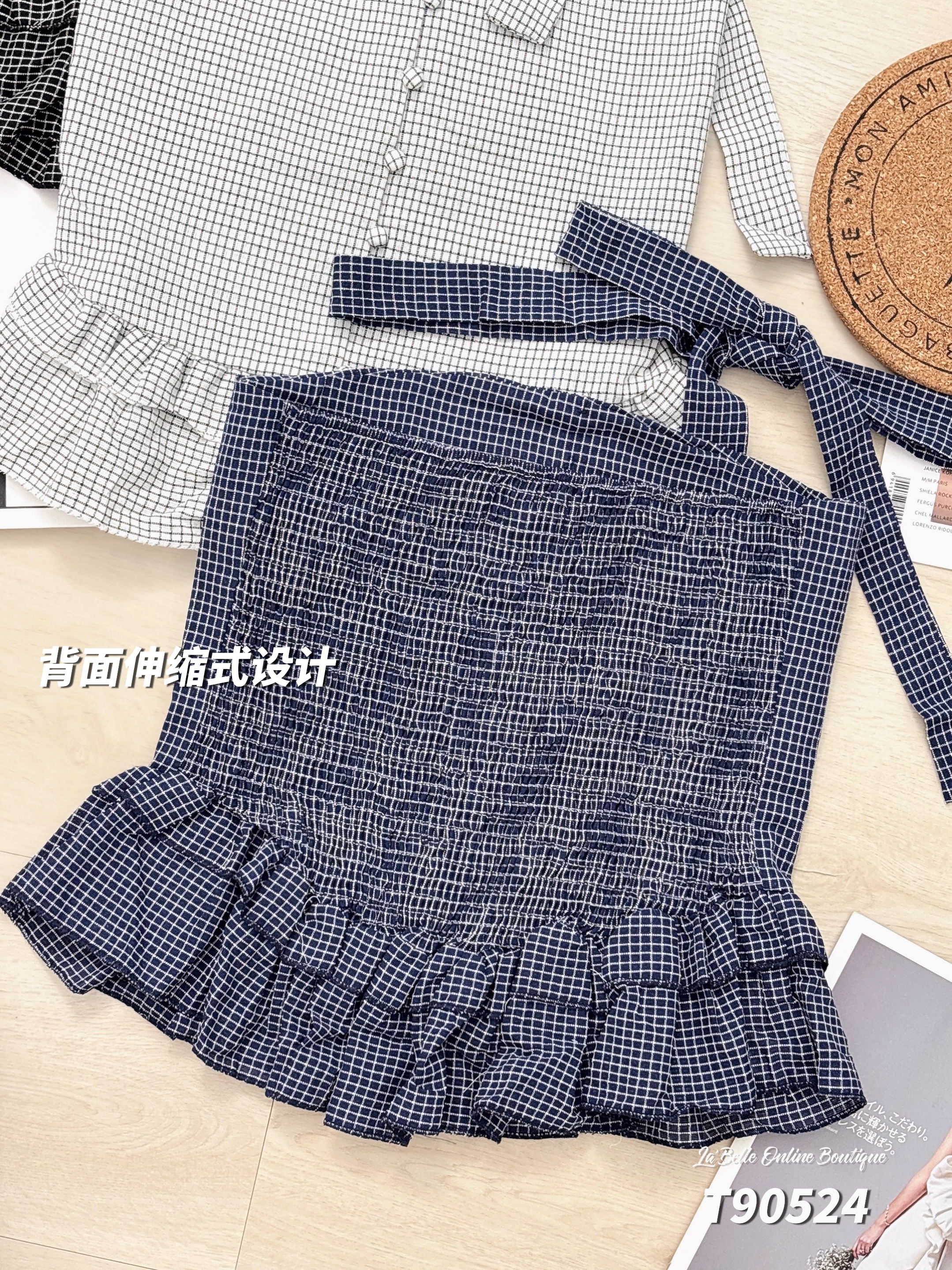 韩系荷叶边格子设计抹胸上衣 (T90524)