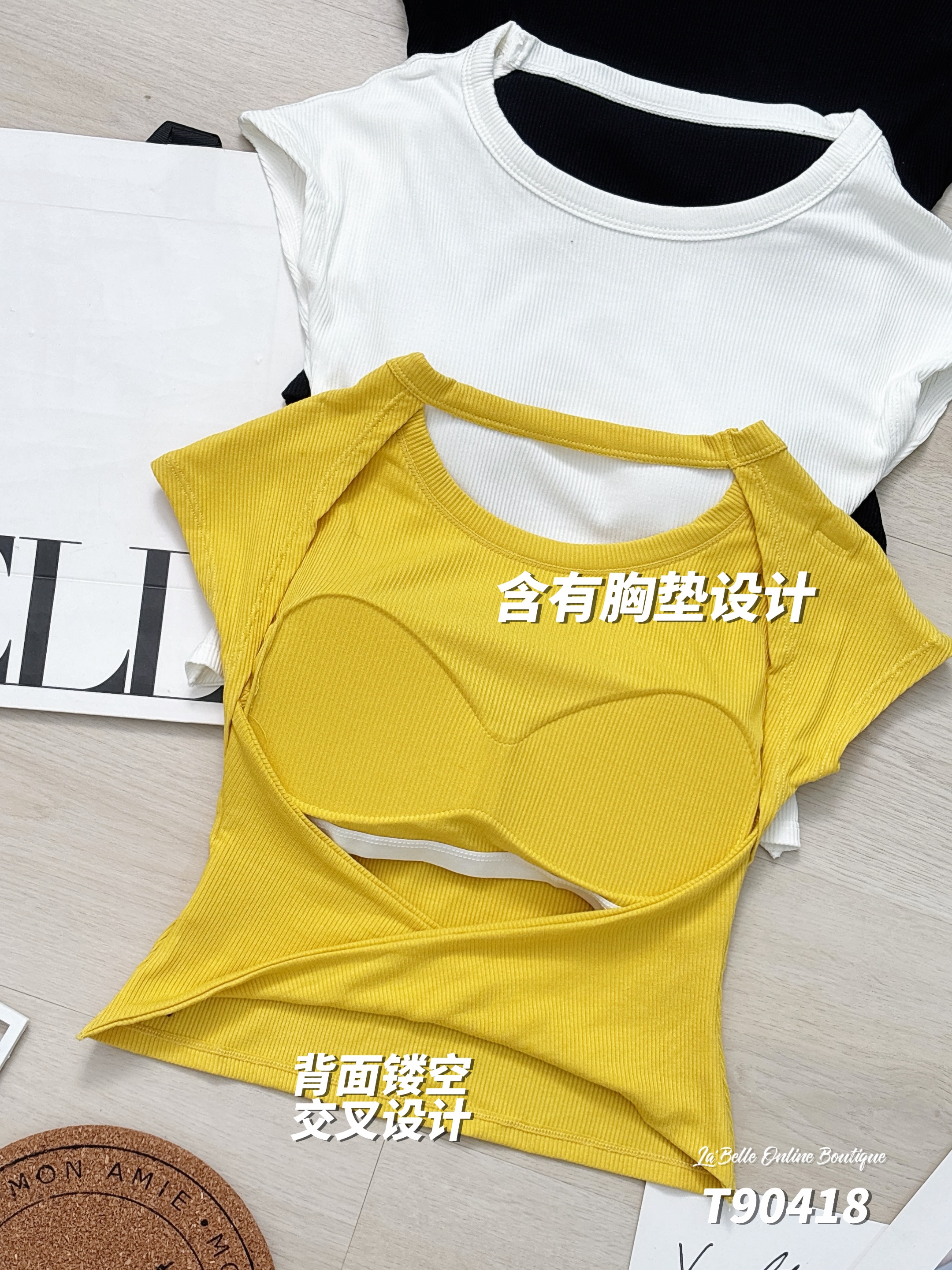 小心机背面镂空交叠下摆设计圆领上衣 (T90418)