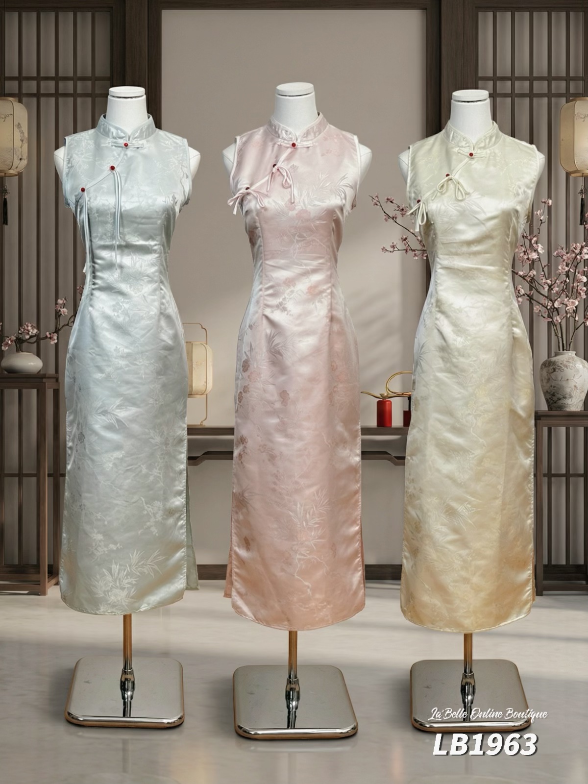 新中式侧边开叉设计无袖长版旗袍 (LB1963)