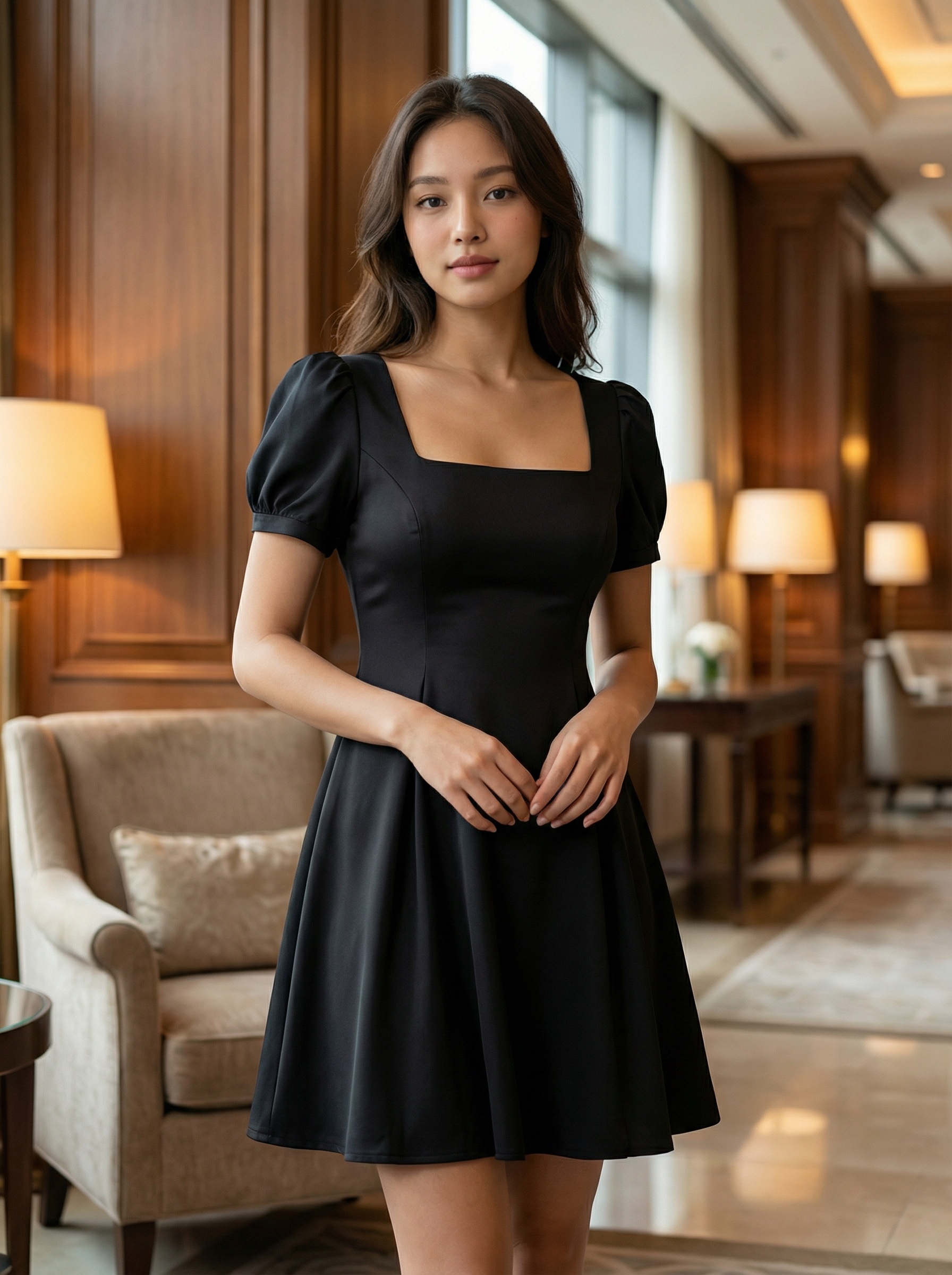 【LBP独家】法式方领泡泡袖设计连身裙 (ST21601)