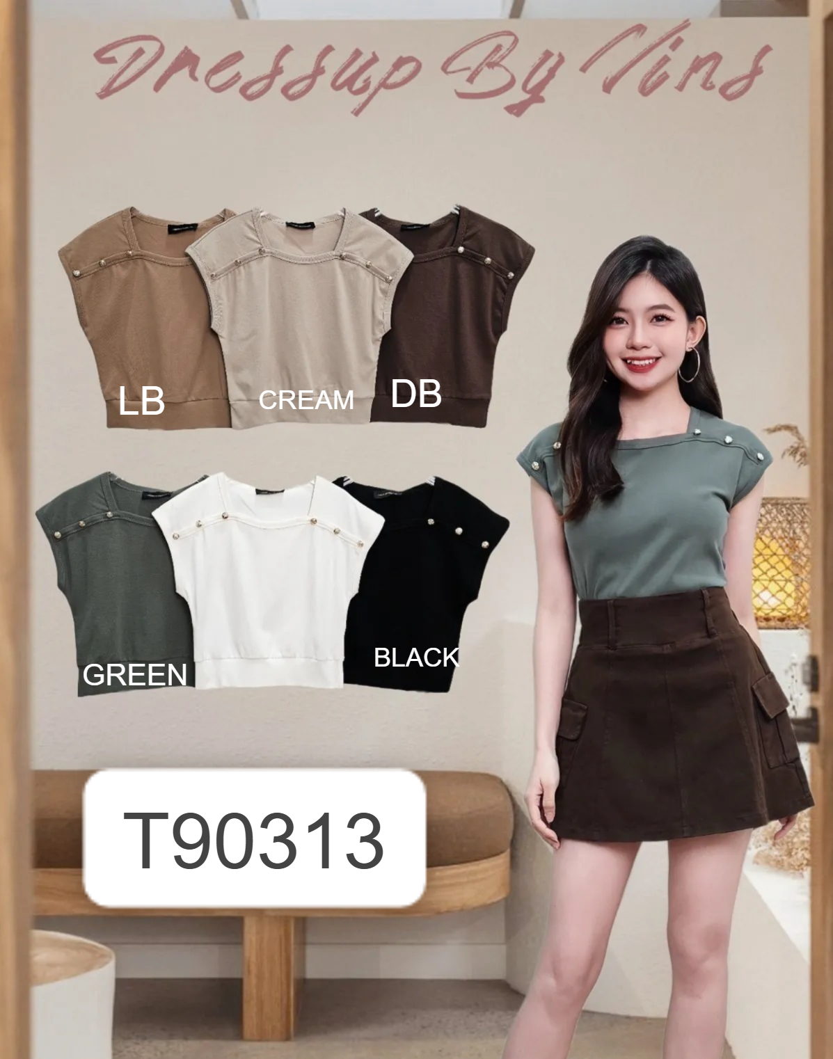 百搭钮扣设计方领上衣 (T90313)-La'Belle Fashion Boutique Sdn Bhd
