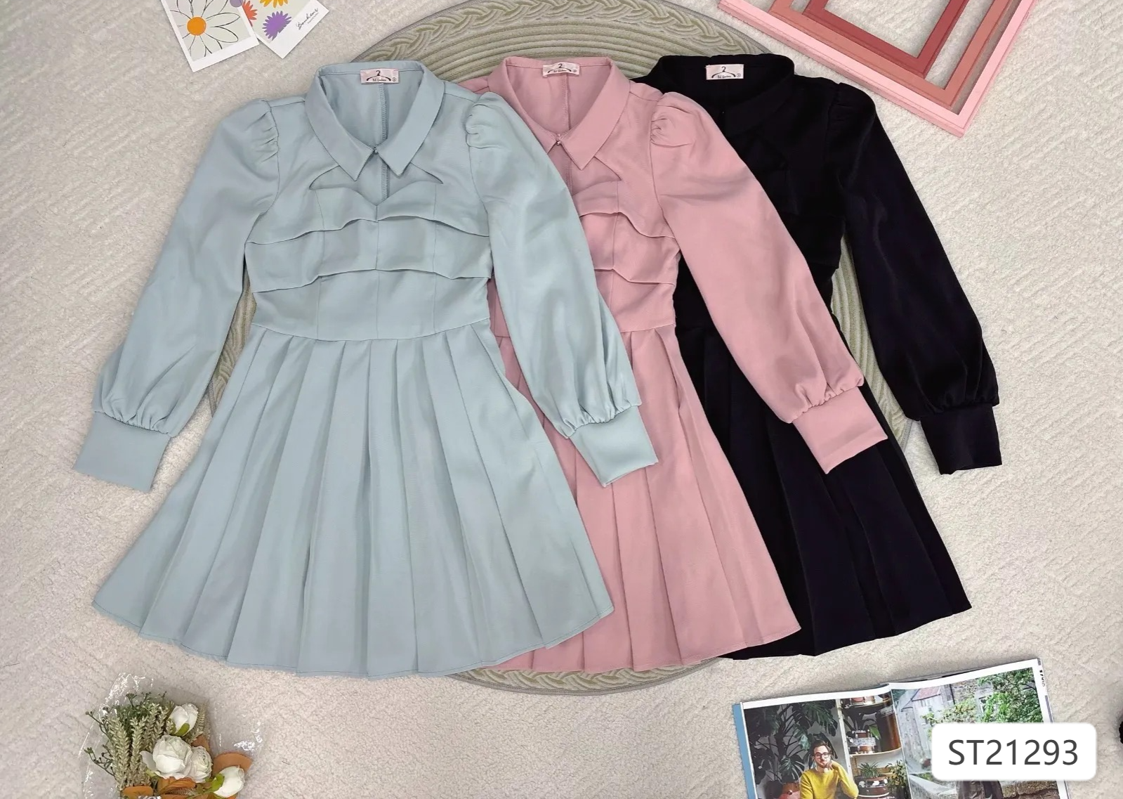 高级感百褶镂空设计长袖连身裙 (ST21293)