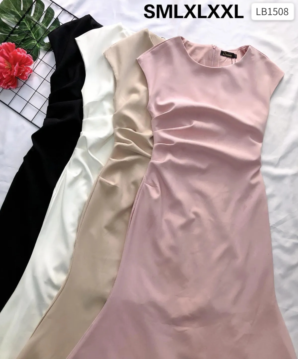 气质圆领褶皱设计连身裙 (LB1508) - 特价