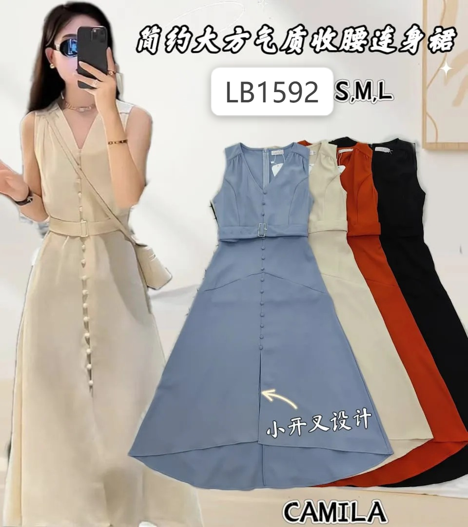 简约V领开叉设计无袖连身裙 (LB1592) - 特价