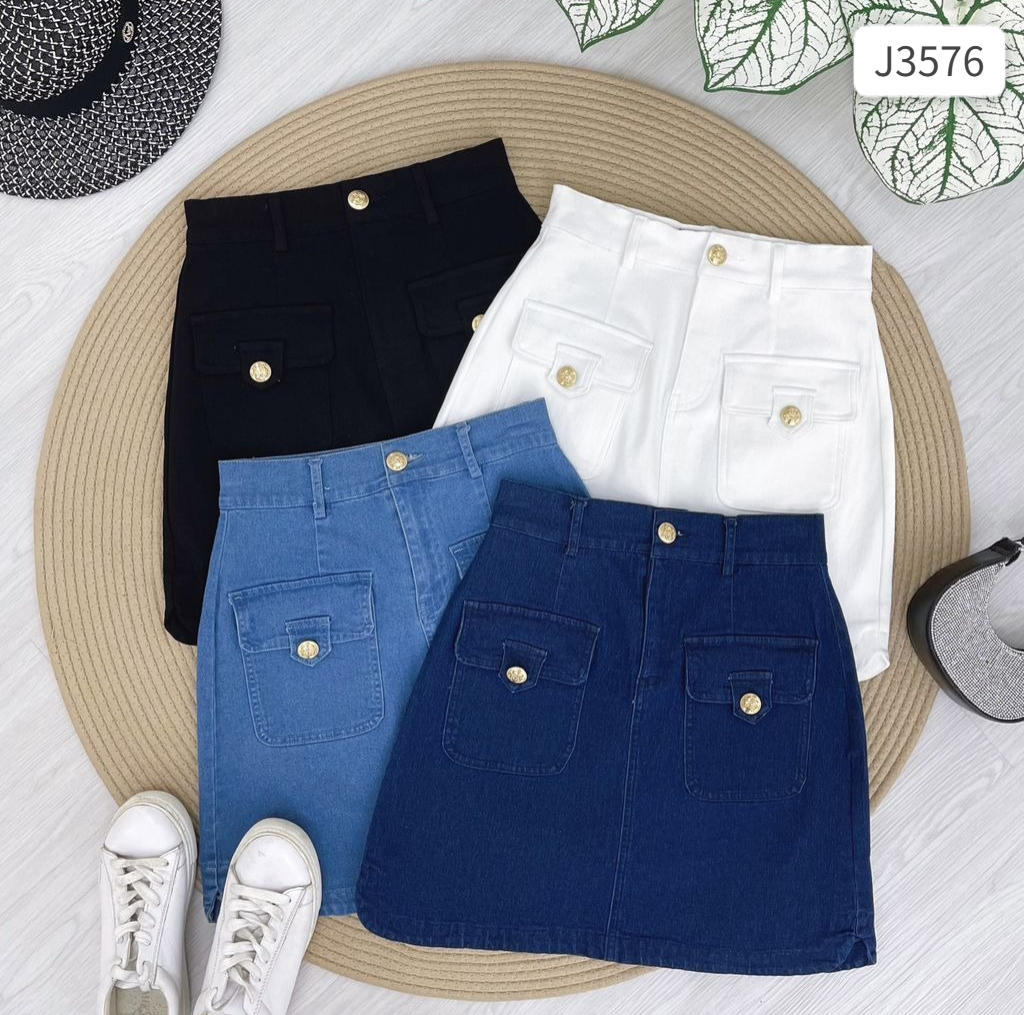 时尚侧边小开叉高腰牛仔短裙 (J3576)