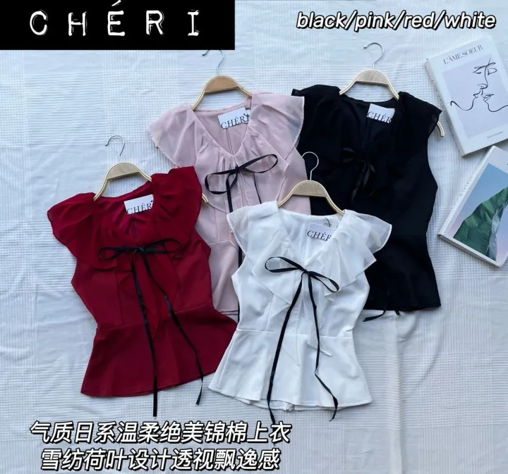 气质荷叶V领蝴蝶结设计上衣 (LB1972)