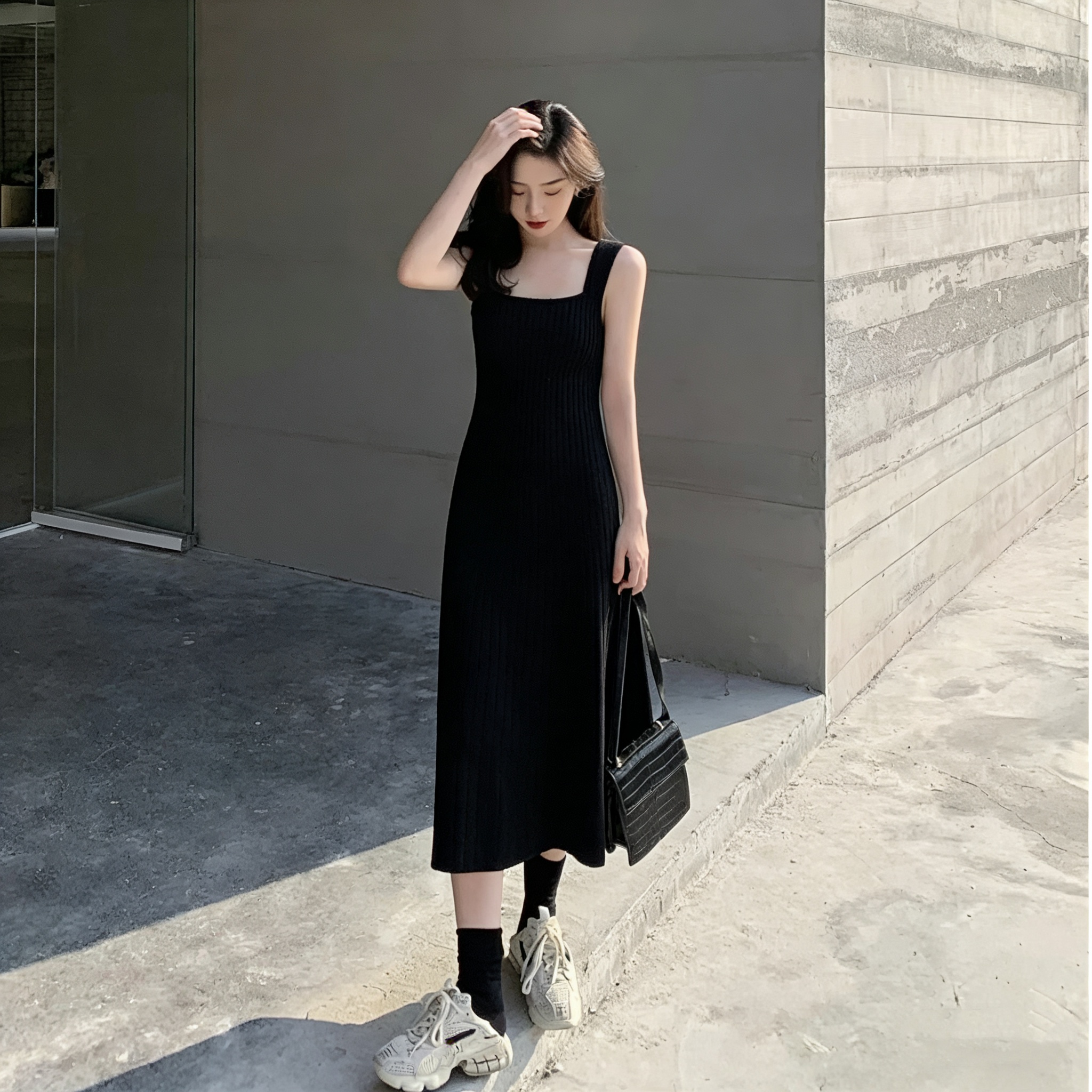 【單件/套裝】日系菱格圓領毛衣+針織吊帶洋裝兩件套