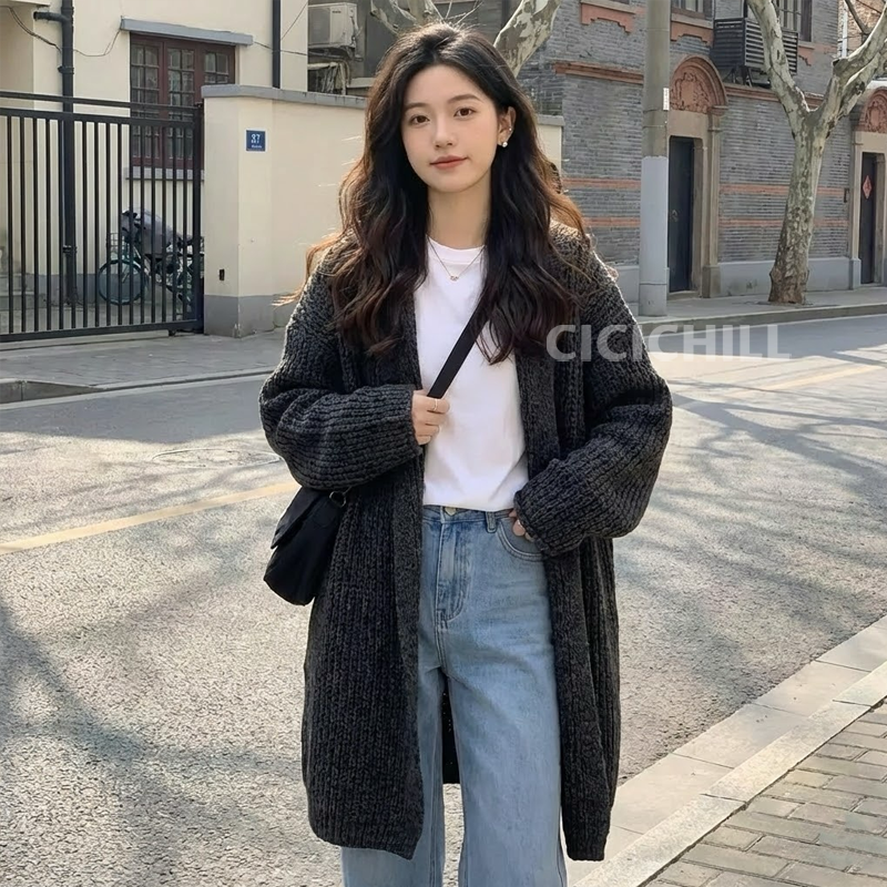 韓系氣質中長版寬鬆慵懶風連帽針織開衫