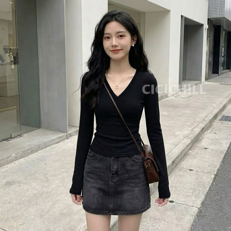 德絨V領正肩顯瘦打底收腰修身長袖T恤