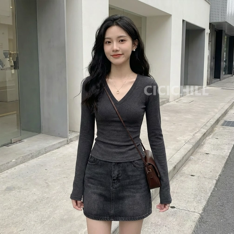 德絨V領正肩顯瘦打底收腰修身長袖T恤