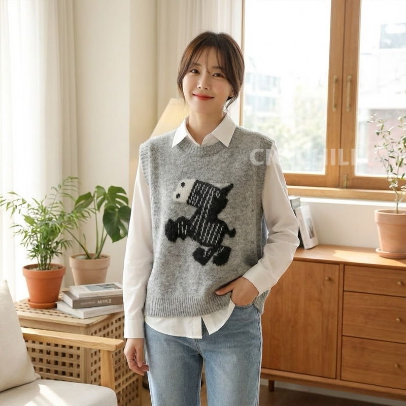 寬鬆疊穿肩圓領卡通圖案針織馬甲