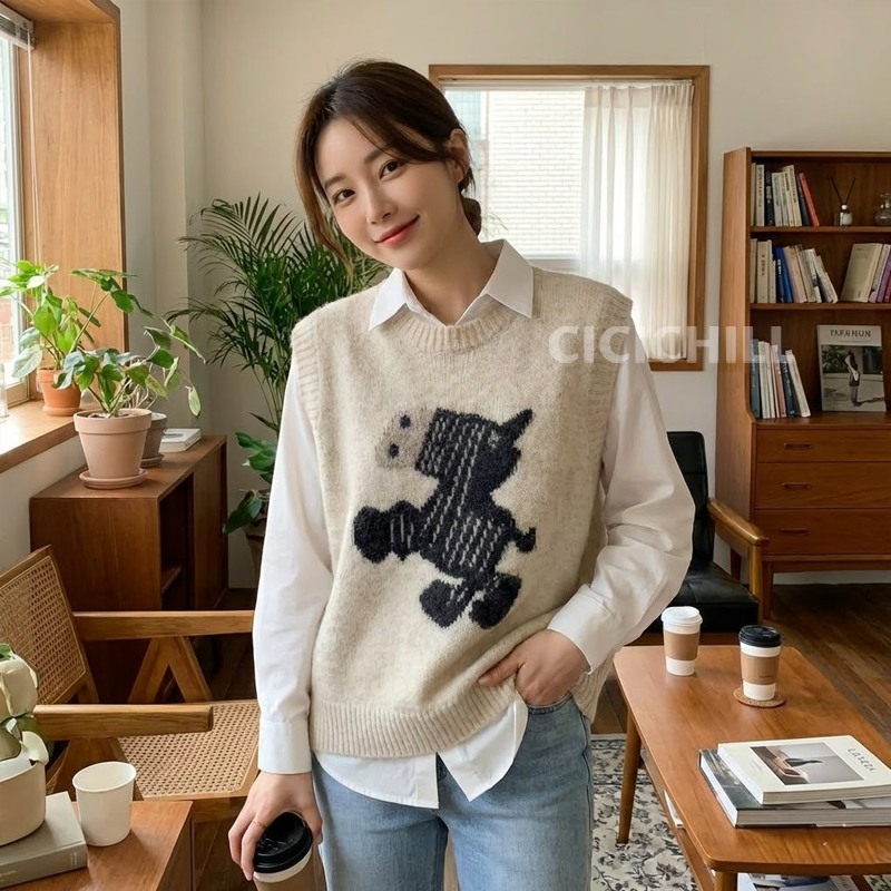 寬鬆疊穿肩圓領卡通圖案針織馬甲