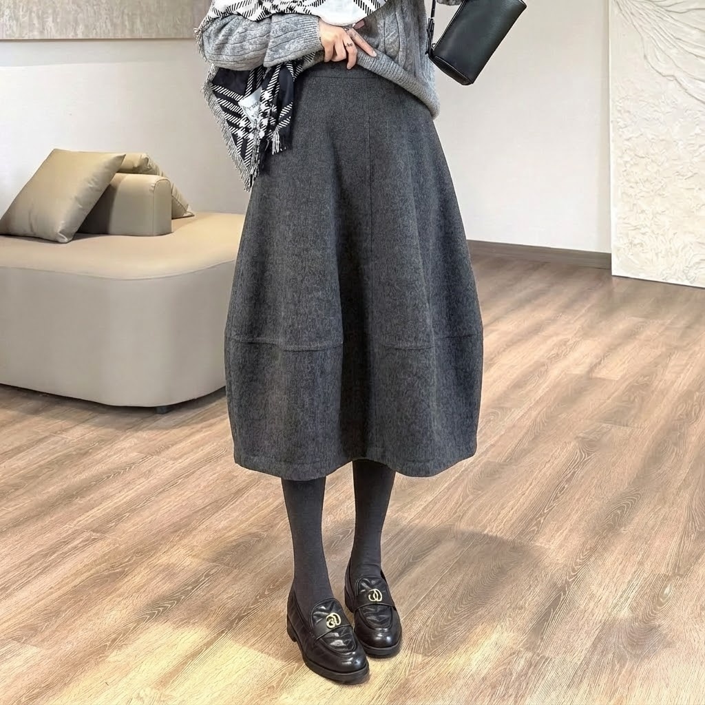 顯瘦寬鬆高腰百搭A字半身裙毛呢花苞裙