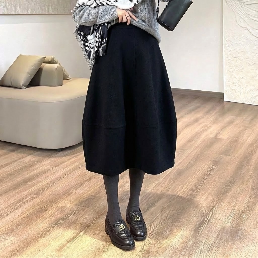 顯瘦寬鬆高腰百搭A字半身裙毛呢花苞裙