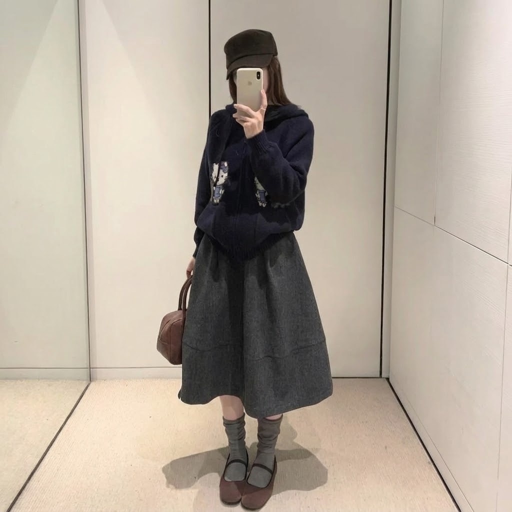 顯瘦寬鬆高腰百搭A字半身裙毛呢花苞裙