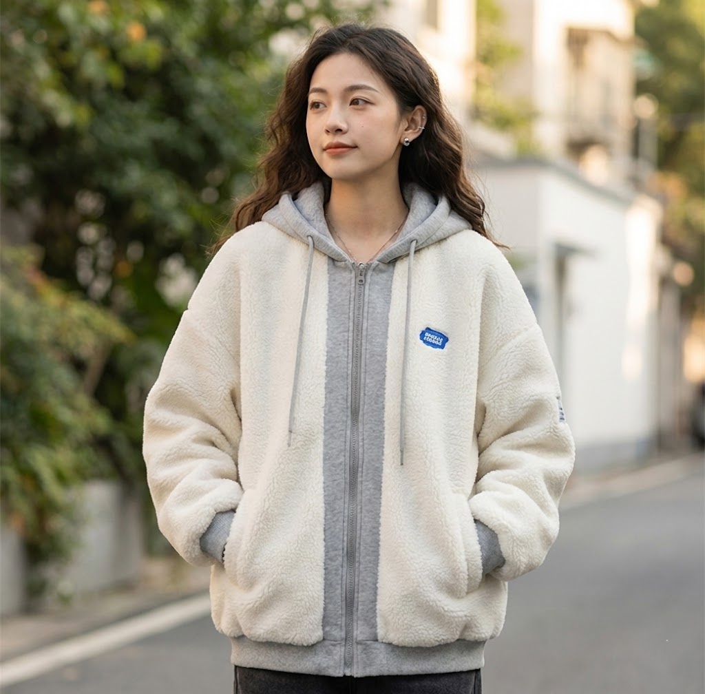 美式復古寬鬆羊羔絨棉服刷毛加厚連帽外套