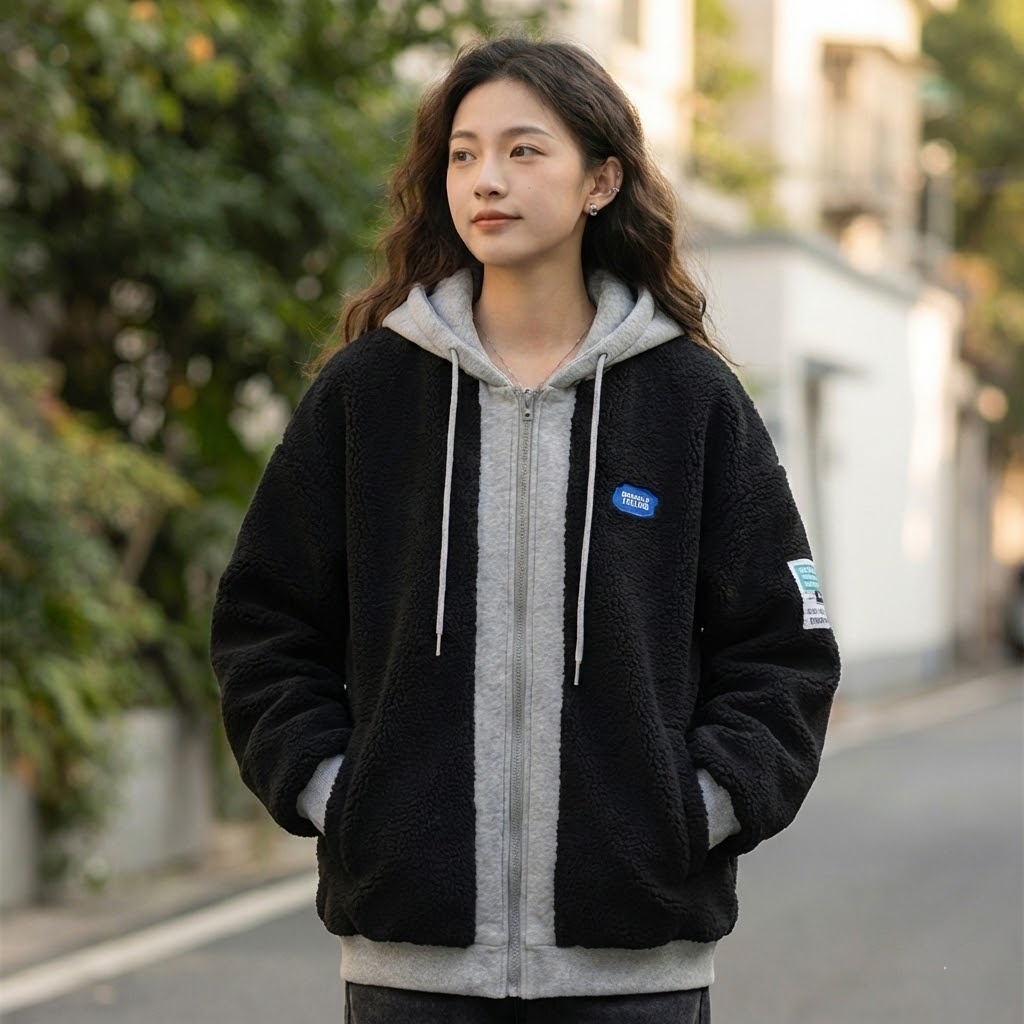 美式復古寬鬆羊羔絨棉服刷毛加厚連帽外套