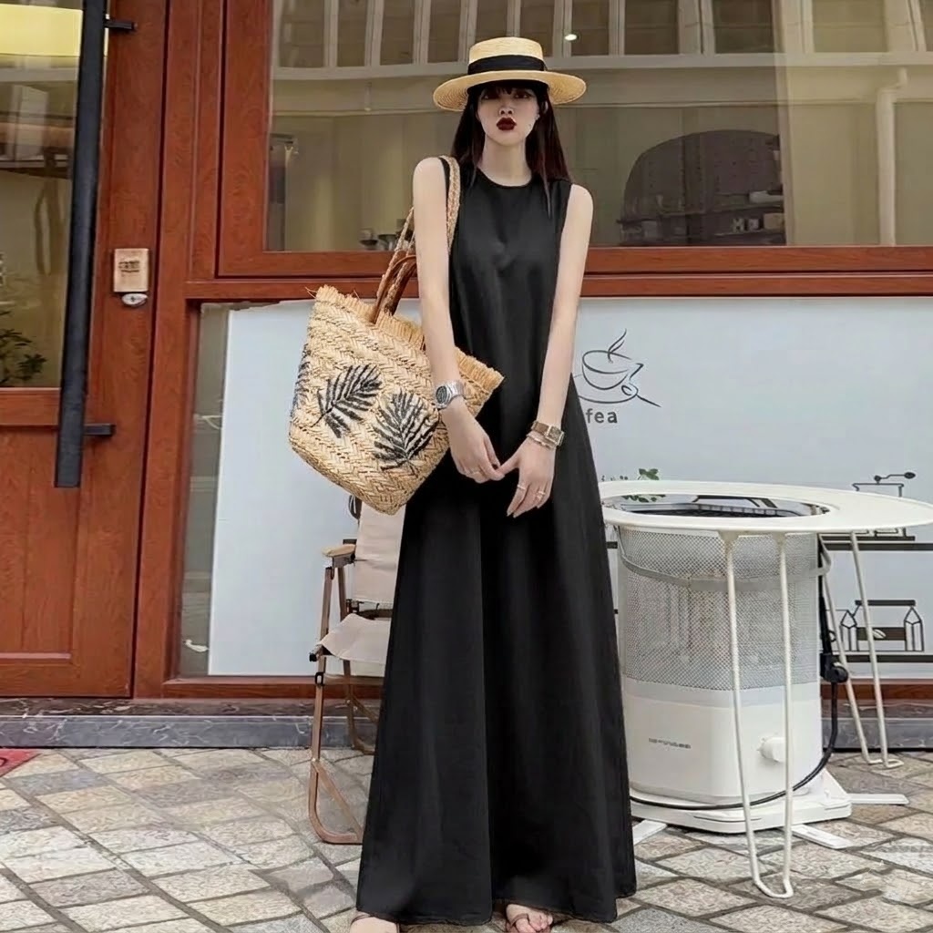 高級感甜酷風小眾A字氣質無袖超長洋裝
