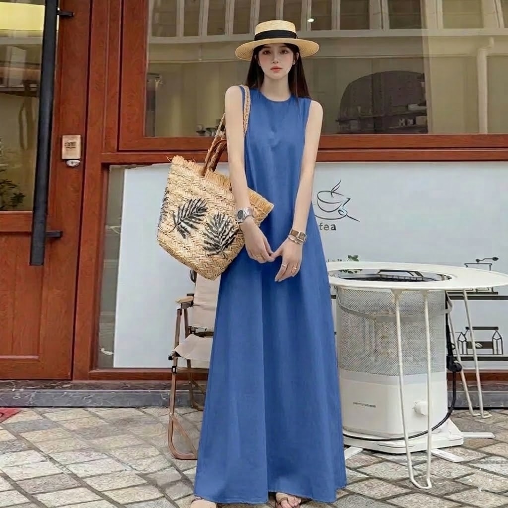 高級感甜酷風小眾A字氣質無袖超長洋裝