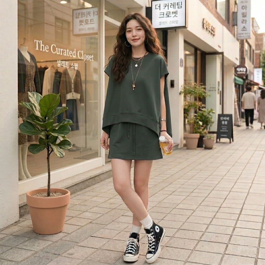 【套裝】時尚休閒寬鬆T恤+運動高腰A字裙兩件套裝