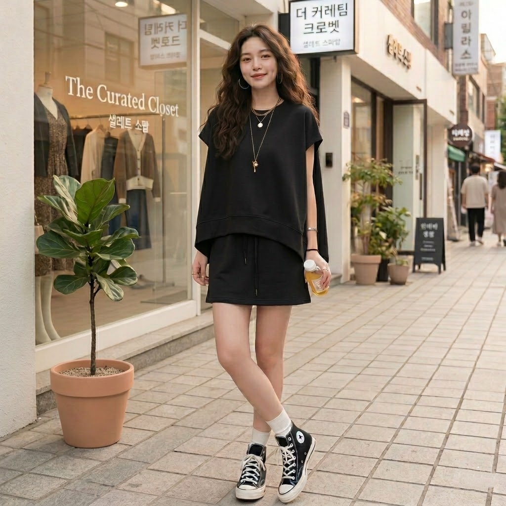 【套裝】時尚休閒寬鬆T恤+運動高腰A字裙兩件套裝