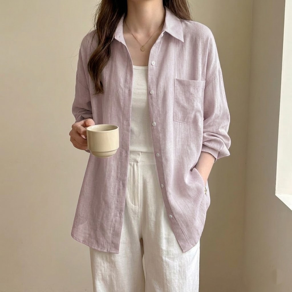 亞麻長袖薄款素色寬鬆防曬衣襯衫