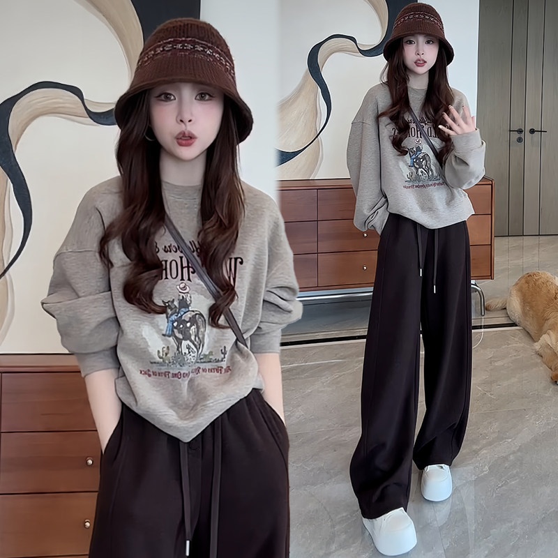 【單件/套裝】時髦印花圓領長袖+闊腿褲兩件套裝