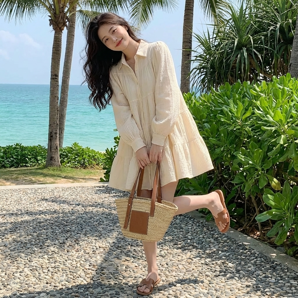 氣質翻領褶皺寬鬆單排泡泡甜美洋裝