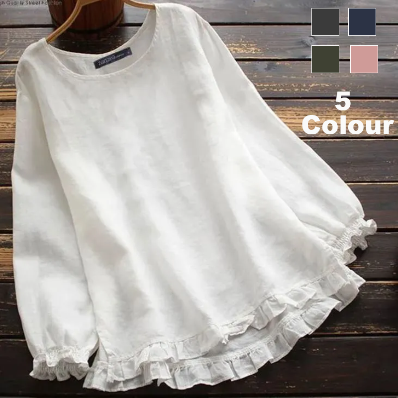 棉麻純色寬鬆荷葉邊圓領長袖襯衫