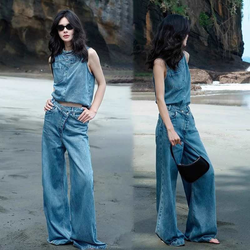 【單件/套裝】減齡氣質牛仔背心+闊腿褲兩件套