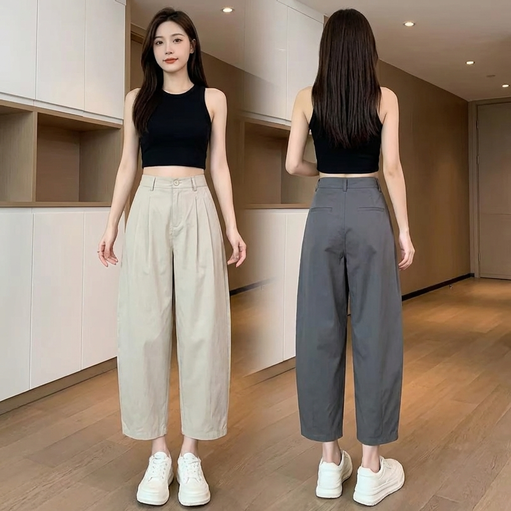 日系顯瘦寬鬆闊腿九分休閒哈倫褲