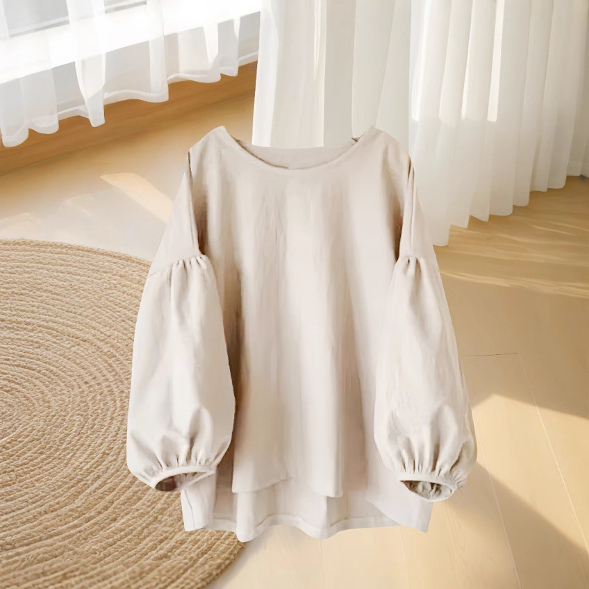 日系休閒潮流圓領泡泡袖復古襯衫