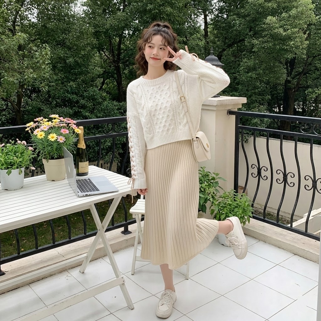 【單件/套裝】寬鬆圓領系帶針織毛衣+百搭吊帶裙兩件套