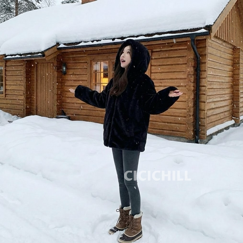 寬鬆慵懶連帽刷毛仿皮草羊羔毛絨外套