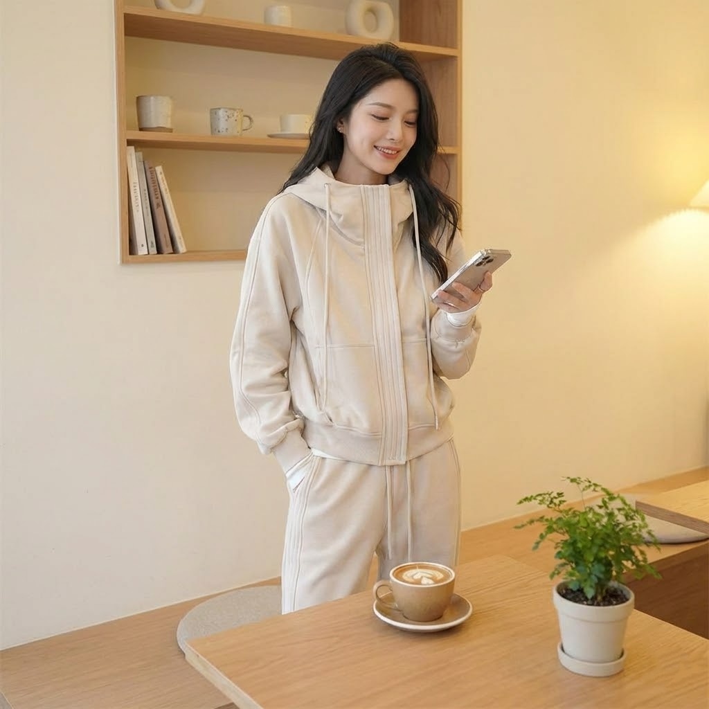 【整套】加厚刷毛時尚長袖連帽外套+休閒束脚褲兩件套裝