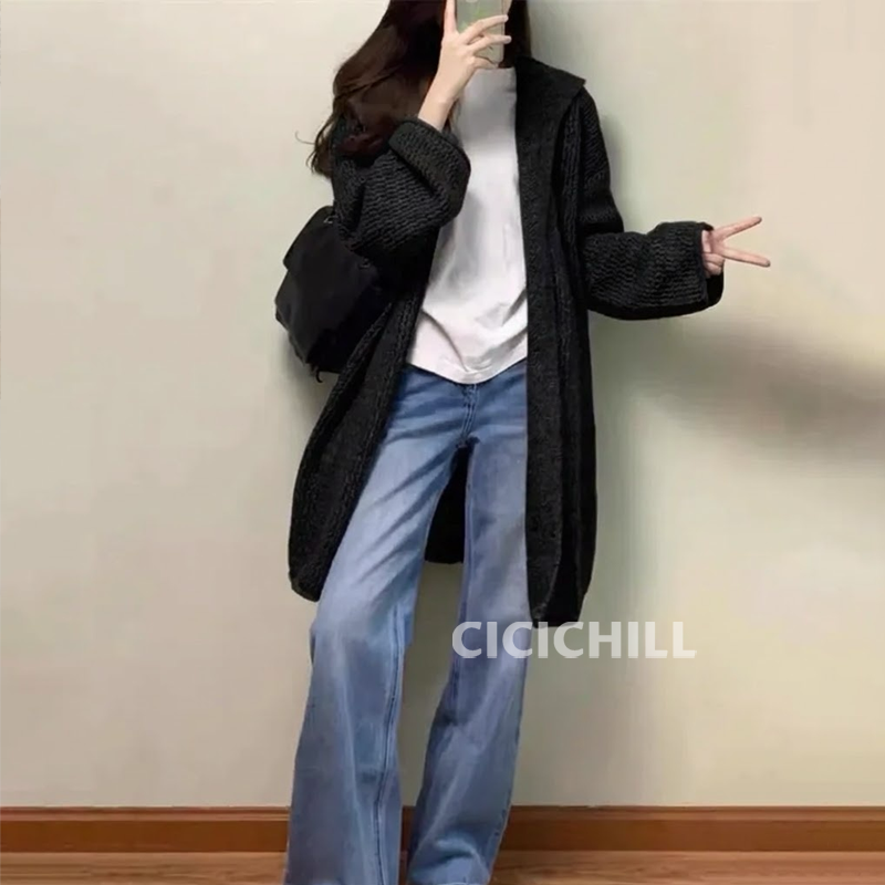 韓系氣質中長版寬鬆慵懶風連帽針織開衫