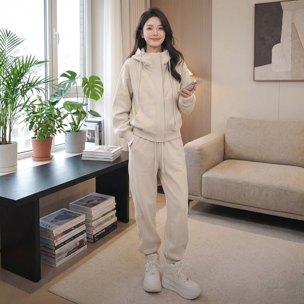 【整套】加厚刷毛時尚長袖連帽外套+休閒束脚褲兩件套裝