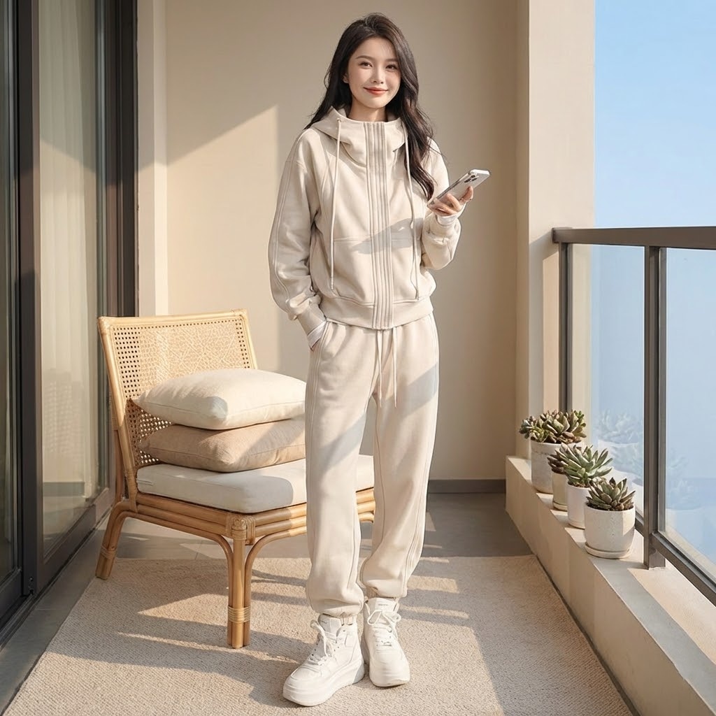 【整套】加厚刷毛時尚長袖連帽外套+休閒束脚褲兩件套裝