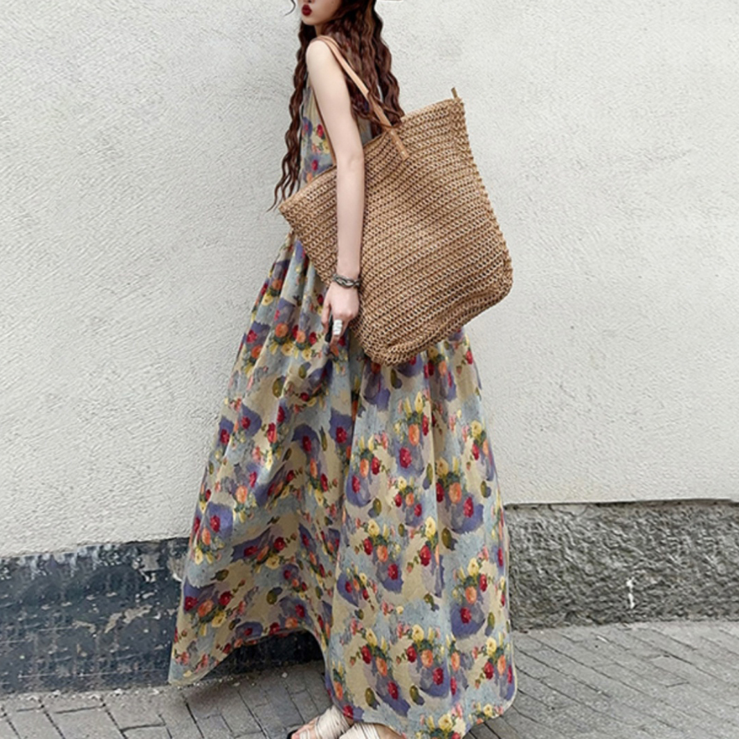 油畫風復古印花減齡韓版A字甜美無袖連身裙